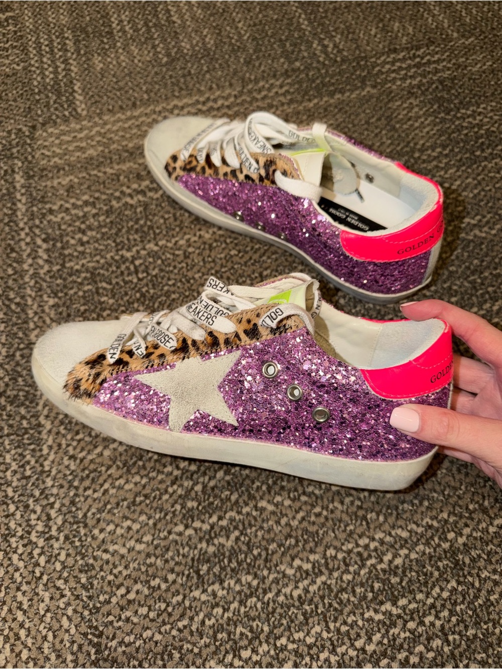 Golden Goose Women’s Purple Glitter & Leopard Trim Superstar Sneakers - Picture 2 of 5